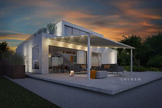 Pergolamarkise mit abendlicher Beleuchtung von Leiner