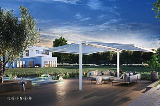 Weiße freistehende Markise von Leiner in modernem Garten am Abend