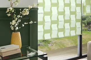 Grüner Doppelrollo von Erfal, daneben ist Fernbedienung platziert