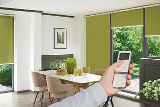 Grüne Rollos von Erfal werden mit Hilfe einer Fernbedienung gesteuert