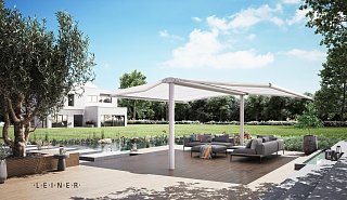 Weiße freistehende Markise von Leiner in einem modernen Garten